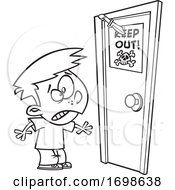 Poster, Art Print Of Black And White Boy Looking At A Knife Through A Keep Out Sign On A Door