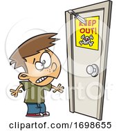 Cartoon Boy Looking At A Knife Through A Keep Out Sign On A Door
