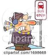 Cartoon Man Shivering At A Bus Stop In Winter