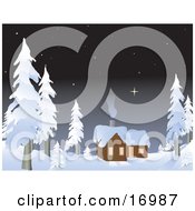 Private Log Cabin In The Woods With Smoke Coming Out Of The Chimney And Rising Towards The Starry Night Sky Surrounded By Snow Flocked Evergreen Trees