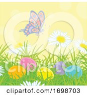 Poster, Art Print Of Spring Time Butterfly And Flowers With Easter Eggs