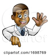 Cartoon Scientist Character Pointing At Sign by AtStockIllustration
