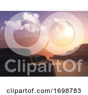 Poster, Art Print Of 3d Landscape With Cliffs In The Ocean Against A Sunset Sky