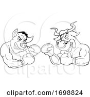 Poster, Art Print Of Tough Black And White Muscular Boxer Bull And Pig For A Bbq Competition Design