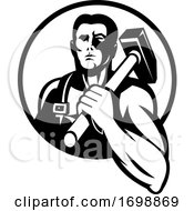 Poster, Art Print Of Black And White Strong Blacksmith With A Hammer On His Shoulder Over A Yellow Circle