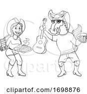 Poster, Art Print Of Cartoon Black And White Cowboy Horse Holding A Beer And Guitar And Girl With Bbq Food