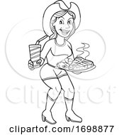 Cartoon Black And White Cowgirl Holding A Soda And Steak