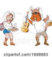 Cartoon Cowboy Horse Holding A Beer And Guitar And Girl WIth BBQ Food