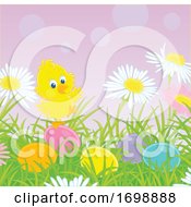 Chick And Easter Eggs In Grass