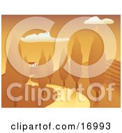 Winding Driveway Or Road Lined With Trees Leading Along A Hilly Agriculture Landscape Of Vineyards Growing Grapes Up To A House On A Hill Under An Orange Sunset Or Sunrise Clipart Illustration by Rasmussen Images