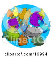 Diverse Group Of Different Colored 3d Fish Schooling Together With Bubbles