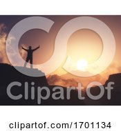 3D Male Figure With Arms Raised Stood On Mountain Against Sunset Sky