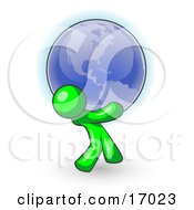 Lime Green Man Carrying The Blue Planet Earth On His Shoulders Symbolizing Ecology And Going Green by Leo Blanchette
