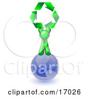 Lime Green Man Standing On Top Of The Blue Planet Earth And Holding Up Three Green Arrows Forming A Triangle And Moving In A Clockwise Motion Symbolizing Renewable Energy And Recycling Clipart Illustration by Leo Blanchette