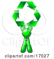 Lime Green Man Holding Up Three Green Arrows Forming A Triangle And Moving In A Clockwise Motion Symbolizing Renewable Energy And Recycling Clipart Illustration by Leo Blanchette
