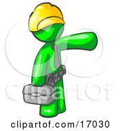 Lime Green Man A Construction Worker Handyman Or Electrician Wearing A Yellow Hardhat And Tool Belt And Carrying A Metal Toolbox While Pointing To The Right