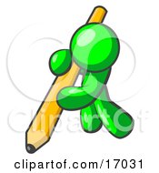 Lime Green Man Using All Of His Strength To Hold Up And Write With A Giant Yellow Number Two Pencil