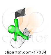 Lime Green Man Waving A Flag While Riding On Top Of A Fast Missile Or Rocket Symbolizing Success