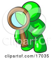 Lime Green Man Kneeling On One Knee To Look Closer At Something While Inspecting Or Investigating Clipart Illustration