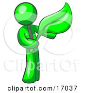 Lime Green Man Holding A Green Leaf Symbolizing Gardening Landscaping Or Organic Products Clipart Illustration by Leo Blanchette #COLLC17037-0020