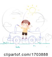 Poster, Art Print Of Kid Boy Draw Chalk Ride Car Illustration