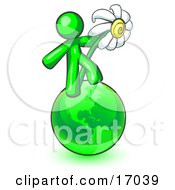 Lime Green Man Standing On The Green Planet Earth And Holding A White Daisy Symbolizing Organics And Going Green For A Healthy Environment