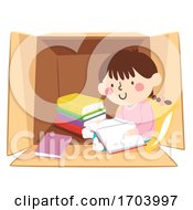 Kid Girl Read Books Inside Box Illustration
