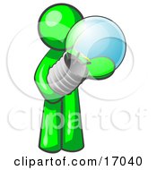 Lime Green Man Holding A Glass Electric Lightbulb Symbolizing Utilities Or Ideas Clipart Illustration by Leo Blanchette