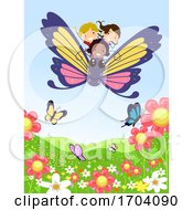Stickman Kids Ride Butterfly Flower Illustration