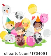 Poster, Art Print Of Stickman Kids Farm Animal Balloons Illustration