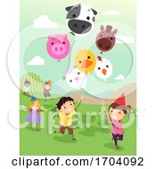 Poster, Art Print Of Stickman Kids Farm Balloons Run Illustration