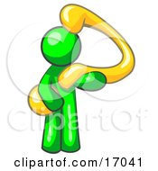 Lime Green Man Carrying A Large Yellow Question Mark Over His Shoulder Symbolizing Curiousity Uncertainty Or Confusion Clipart Illustration