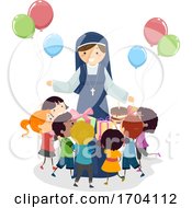Poster, Art Print Of Stickman Kids Nun Give Birthday Gift Illustration