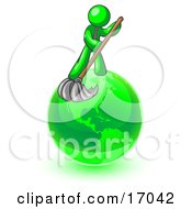 Lime Green Man Using A Wet Mop With Green Cleaning Products To Clean Up The Environment Of Planet Earth Clipart Illustration