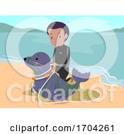 Poster, Art Print Of Man Seal Save Fish Net Trap Illustration