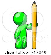 Lime Green Man Holding Up And Standing Beside A Giant Yellow Number Two Pencil