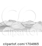 Detailed Wireframe Terrain Landscape In Black And White