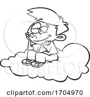 Poster, Art Print Of Clipart Cartoon Black And White Boy Daydreaming On A Cloud