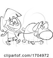 Poster, Art Print Of Clipart Cartoon Black And White Girl Walking A Dog