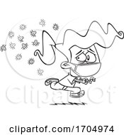 Poster, Art Print Of Clipart Cartoon Black And White Girl Wearing A Face Mask And Running From Germs