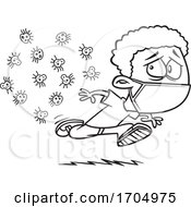 Poster, Art Print Of Clipart Cartoon Black And White Boy Wearing A Mask And Running From Germs