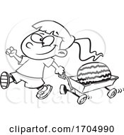 Poster, Art Print Of Clipart Cartoon Black And White Girl Pulling A Watermelon In A Wagon