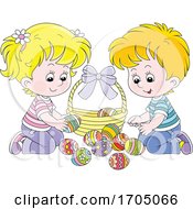 Poster, Art Print Of Children With Easter Eggs And A Basket