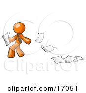 Orange Man Dropping White Sheets Of Paper On A Ground And Leaving A Paper Trail Symbolizing Waste Clipart Illustration by Leo Blanchette