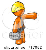 Orange Man A Construction Worker Handyman Or Electrician Wearing A Yellow Hardhat And Tool Belt And Carrying A Metal Toolbox While Pointing To The Right Clipart Illustration by Leo Blanchette #COLLC17052-0020