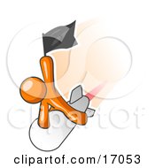 Orange Man Waving A Flag While Riding On Top Of A Fast Missile Or Rocket Symbolizing Success Clipart Illustration