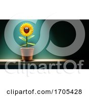 3d Cartoon Sunflower Character In Flower Pot On Shelf In Spotight