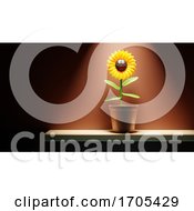 Cartoon 3d Sunflower Character In Pot On Shelf With Spotlight