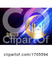 Poster, Art Print Of Ramadan Kareem Background With Glowing Lights Crescent And Mosque Silhouette