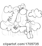 Poster, Art Print Of Cartoon Black And White Male Angel Sitting On A Cloud And Wearing A Mask